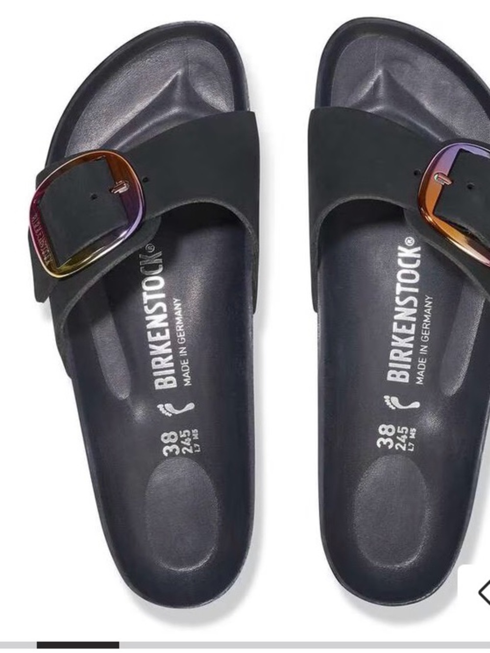 Birkenstock Black Madrid Slide Sandals with Gold Buckles